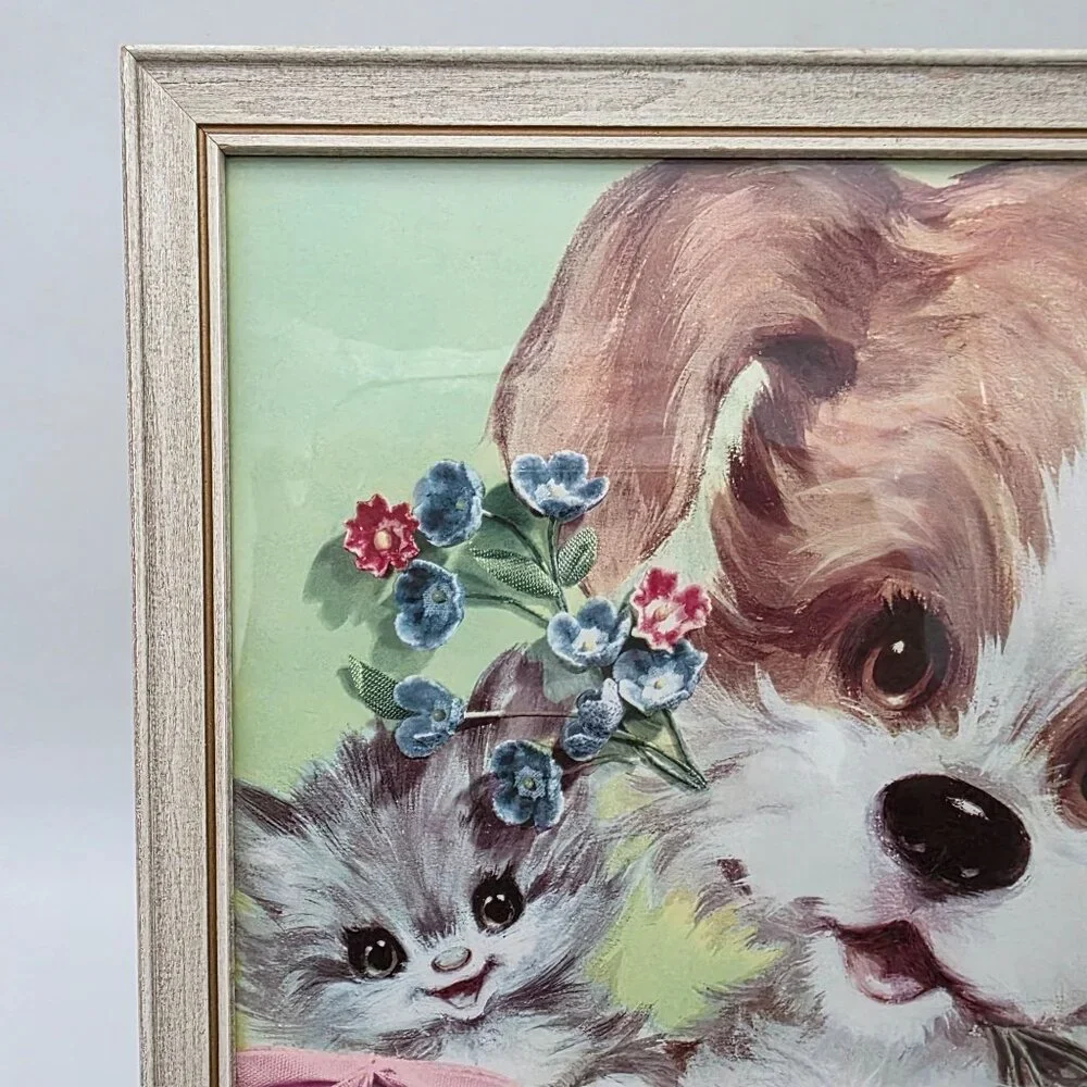 Vintage Framed Puppy & Kittens Print Wall Art Retro Illustration Wooden Frame 50